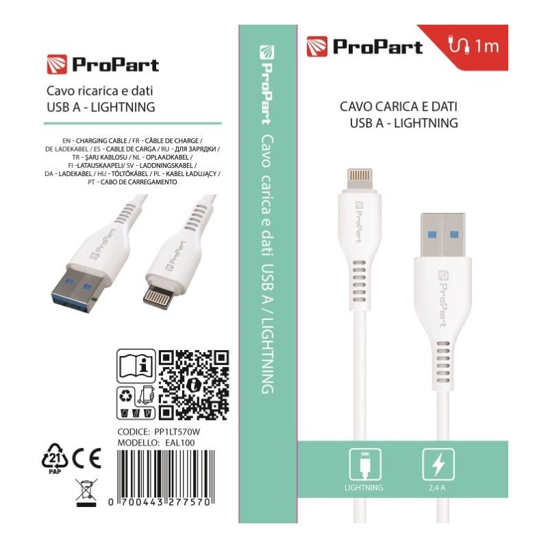 Cavo Lightning Apple 5V 2.4A 1mt Carica e dati Bianco